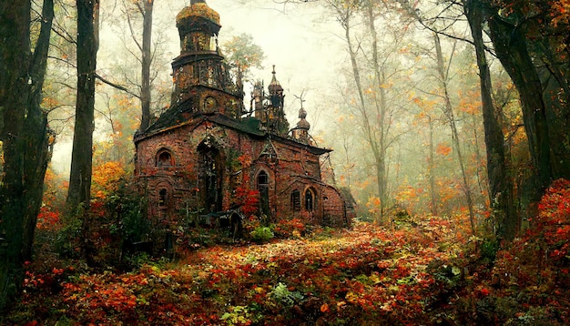 Stary opuszczony kościół w jesiennym lesie