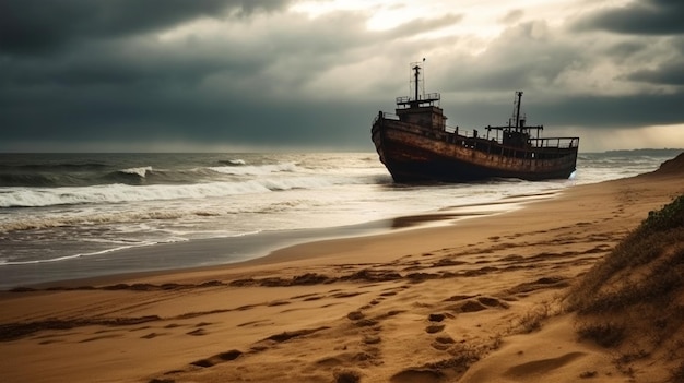 Stary opuszczony statek na brzegu morza Wygenerowana sztuczna inteligencja
