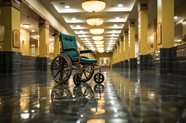 Zdjęcie stary opuszczony wózek inwalidzki siedzący w pustym wygenerowanym ai