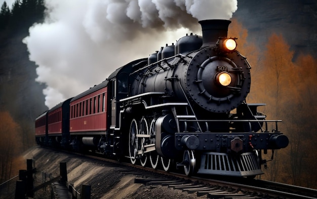Stary pociąg parowy dymi z komina Generacyjna AI