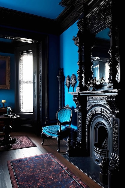 Stary pokój w stylu wiktoriańskim wnętrza w kolorze niebieskim