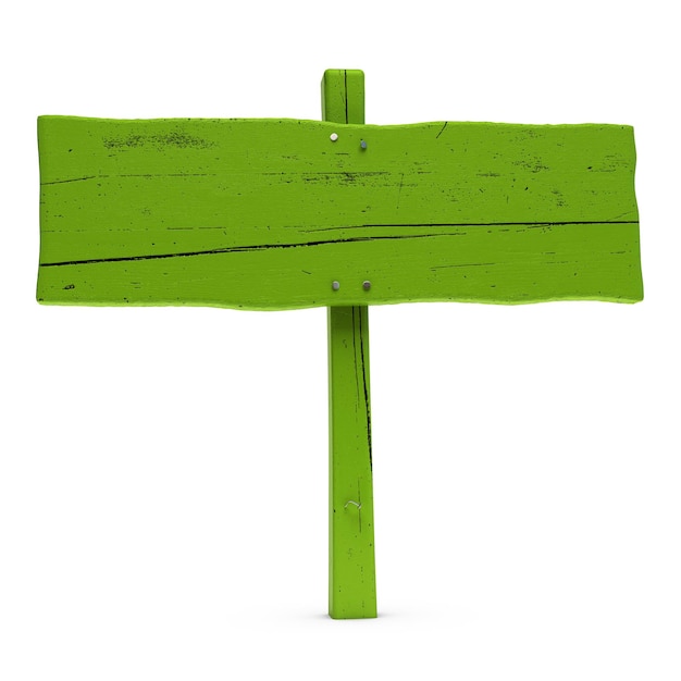 Zdjęcie stary poziomy drewniany zielony znak na białym tle z gwoździami