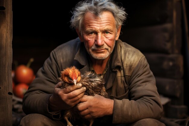 Stary rolnik trzyma młodego kurczaka w dłoni. Portret starszego rolnika na jego farmie.