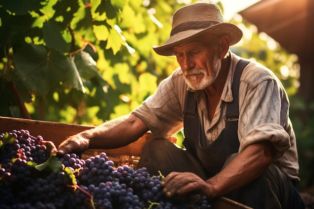 Stary rolnik zbierający świeże organiczne winogrona wytwarzający generatywną sztuczną inteligencję
