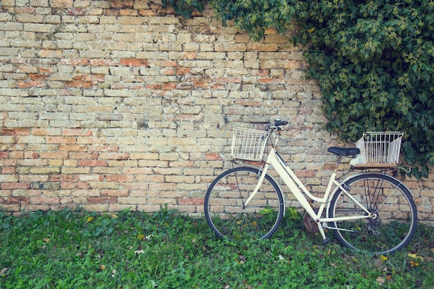 Zdjęcie stary rower stojący na trawie przed starą ścianą