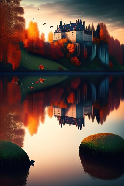 Stary, rozpadający się zamek na jeziorze Zimne, ciemne niebo, jesień, ilustracja 3D