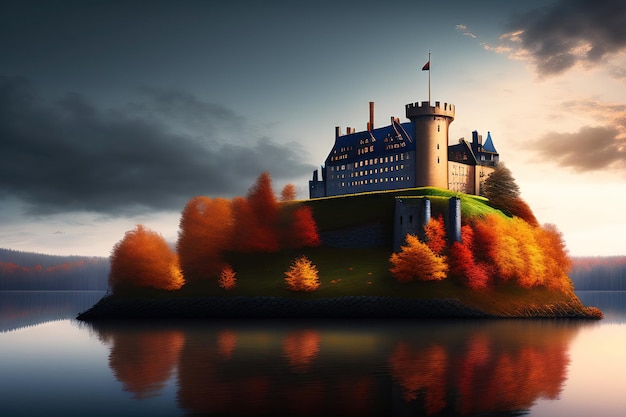 Stary, rozpadający się zamek na jeziorze Zimne, ciemne niebo, jesień, ilustracja 3D