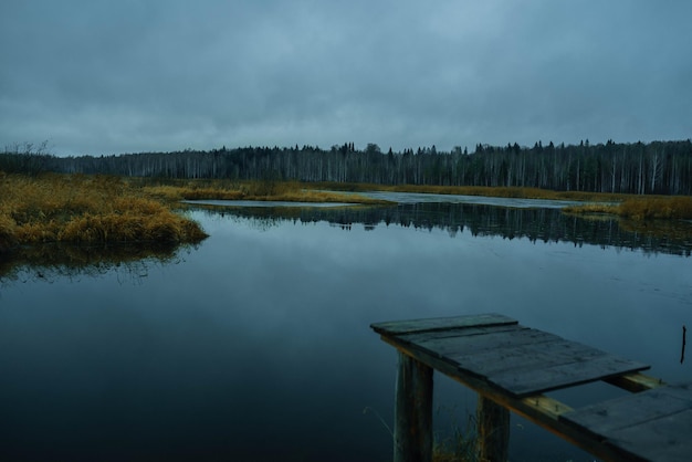 Stary rustykalny drewniany pomost nad spokojnym jeziorem z dzikimi trawami na brzegu i refleksami na wodzie