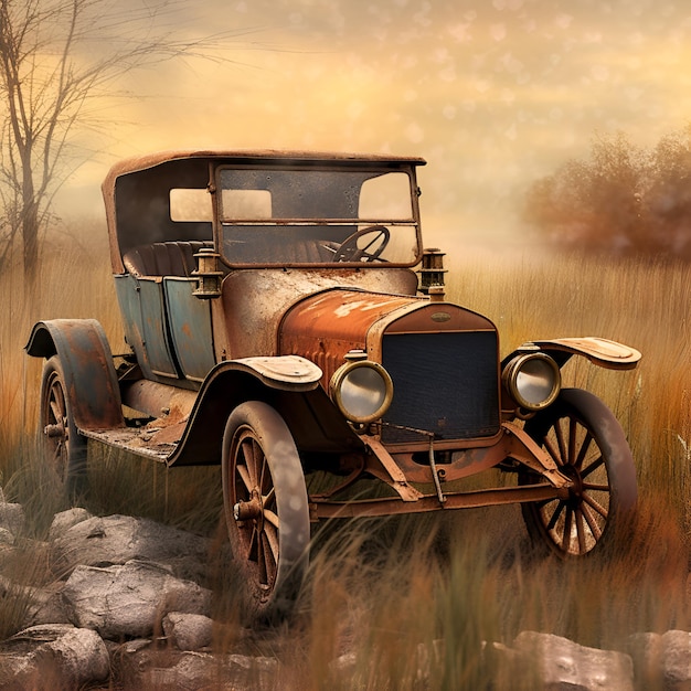 Stary samochód jest namalowany na polu z obrazem samochodu na pierwszym planie.