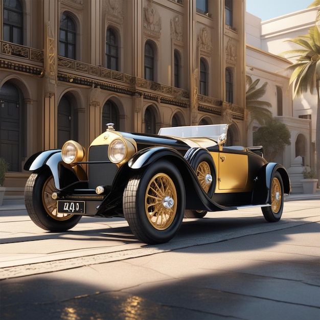 Stary samochód sportowy, czarno-złoty, zaparkowany w przyszłym mieście, zawiera podnóżek Rzeczywista jakość obrazu 4K