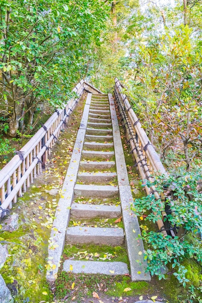 Stary schodek przy Kinkakuji świątynią w Kyoto, Japonia (Złoty pawilon).