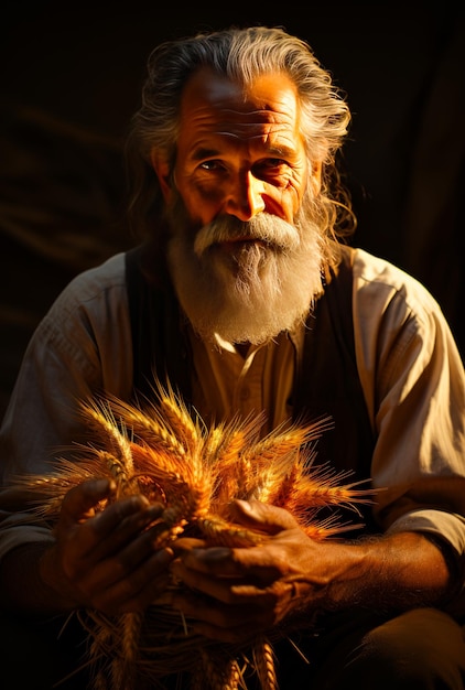 Stary, siwowłosy, zmarszczony mężczyzna trzymający wiązkę pszenicy Portret starszego rolnika oświetlony żółtym światłem