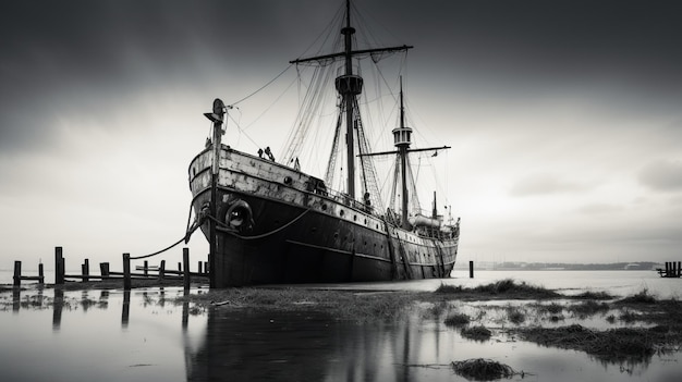 Stary statek czarno-biały retro vintage