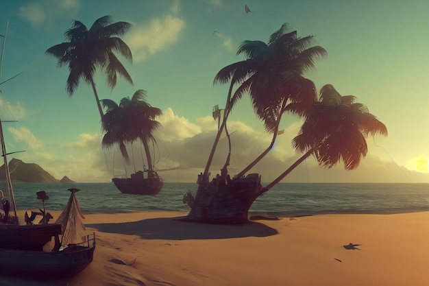 Stary statek na piaszczystej wyspie błękitna woda morskich palm pod słonecznym niebieskim niebem ilustracja 3d
