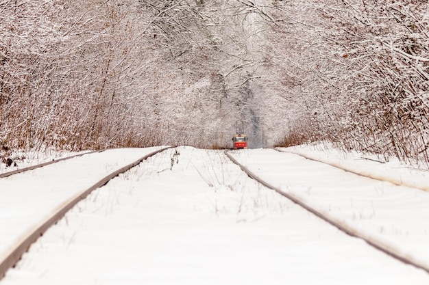 Stary tramwaj jadący przez zimowy las