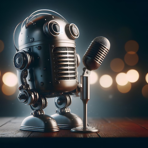 Stary vintage robot śpiewający do mikrofonu na stole ai nieelegancja w przemyśle muzycznym audio muzyczny