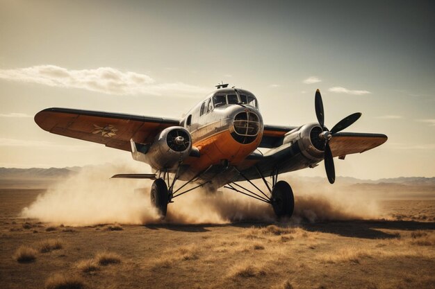 Stary vintage samolot latający nad rozległym nierównym krajobrazem