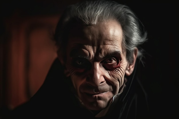 Stary wampir hrabia Dracula w czerwonym płaszczu w zamku Generatywna ilustracja AI