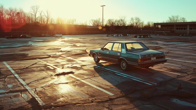 Zdjęcie stary, zardzewiały samochód stoi na prawie pustym parkingu, słońce zachodzi za nim, samochód jest brudny i ma pękniętą oponę.