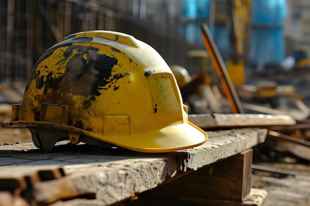 Stary żółty kapelusz na placu budowy dla koncepcji bezpieczeństwa