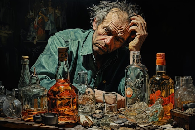 Zdjęcie stary zrzędliwy alkoholik wśród butelek z resztkami alkoholu koncepcja zdrowia psychicznego i alkoholizmu