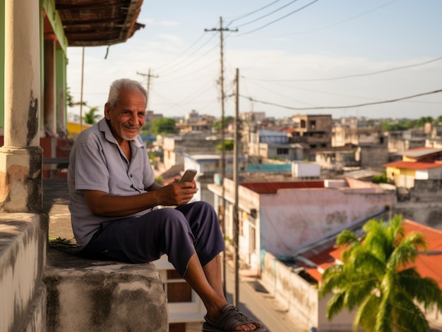 starzec z Kolumbii korzystający ze smartfona do komunikacji online