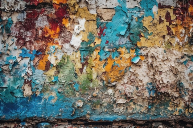 Starzejąca się ściana z kolorowymi łuszczącymi się kawałkami farby Generative AI