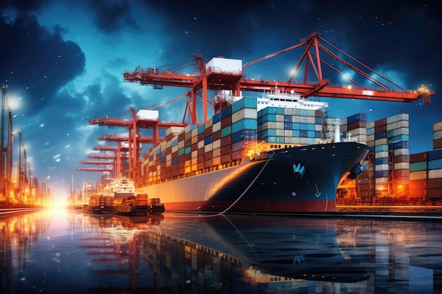 Statek kontenerowy na morzu przy zachodzie słońca (ilustracja renderowania 3D) Statek transportowy kontenerowy z funkcjonalnym mostem dźwigowym tworzy tło importo-eksportu