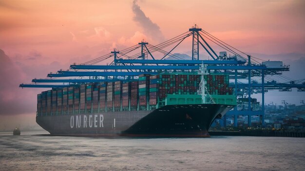 Statek kontenerowy opuszczający port przemysłowy