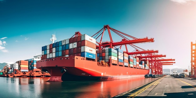 Statek kontenerowy zacumowany w ruchliwym porcie symbolizuje wzajemne powiązania światowego handlu