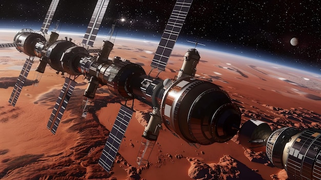 Zdjęcie statek kosmiczny lub stacja z ekspedycją w kosmosie ai generowane