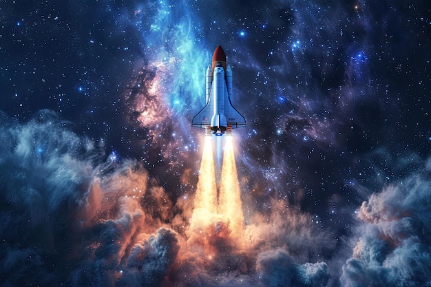 Zdjęcie statek kosmiczny startuje na gwiezdne niebo rakieta startuje w kosmos koncepcja