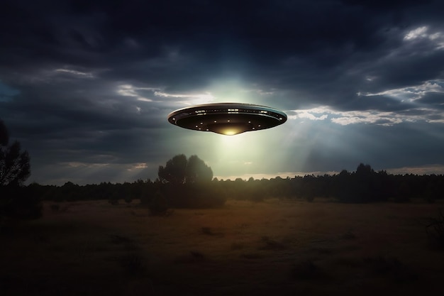 Statek kosmiczny UFO lecący nad lasem