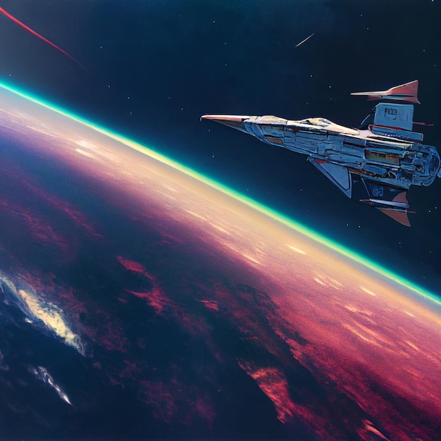 Statek kosmiczny w przestrzeni kosmicznej. Tapeta na pulpit. Ilustracja sci-fi