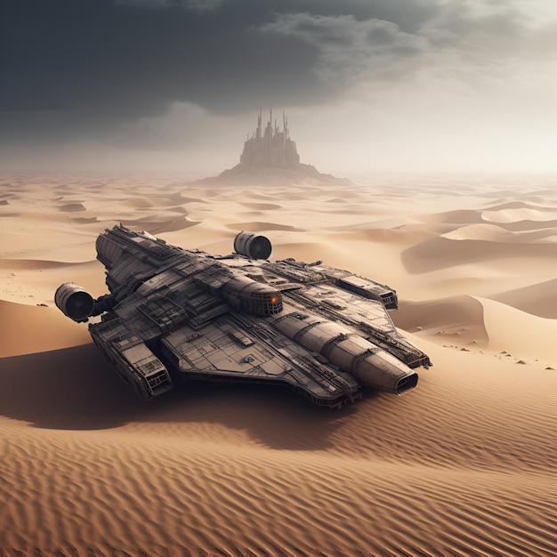 Statek kosmiczny z Gwiezdnych wojen jest na pustyni z budynkiem w tle.