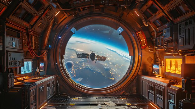 Zdjęcie statek kosmiczny z planetą i ziemią na tle