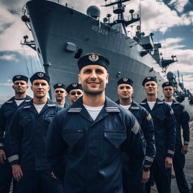 Zdjęcie statek marynarki wojennej z marynarzami na pokładzie w mundurach