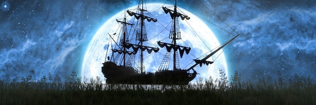 Statek Na Morzu Na Tle Księżyca I Pięknego Nieba, Ilustracja 3d