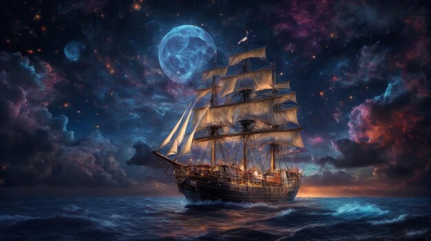 statek na morzu na tle księżyca i pięknego nieba ilustracja 3D