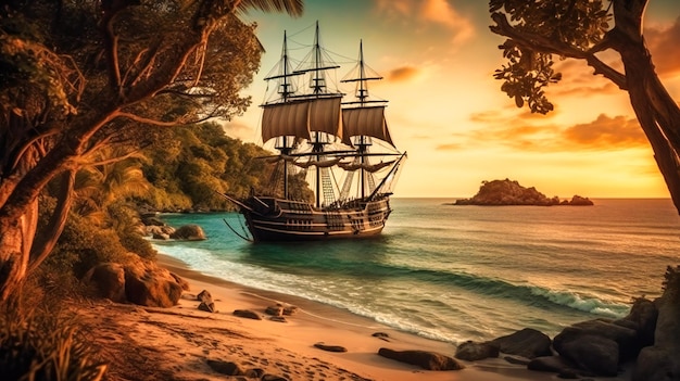 Statek piracki na tropikalnej plaży o zachodzie słońca
