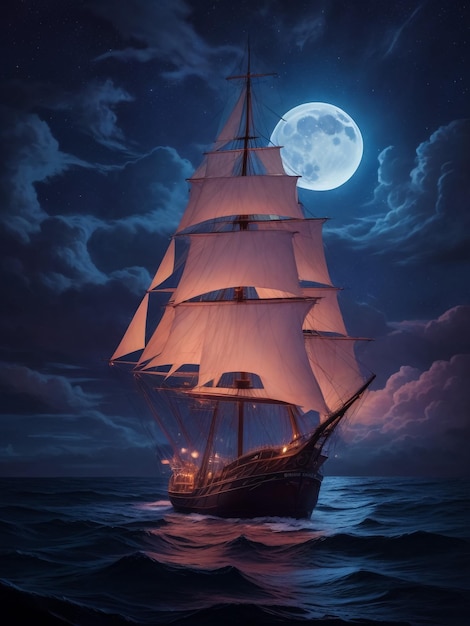 Statek piratów na oceanie przy pełnym księżycu na tle Stary żaglowy statek na morzu Statek ekspedycyjny Trav