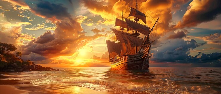 Statek piratów o zachodzie słońca na wybrzeżu wyspy fantazyjny krajobraz średniowieczny statek z czarnymi żaglami