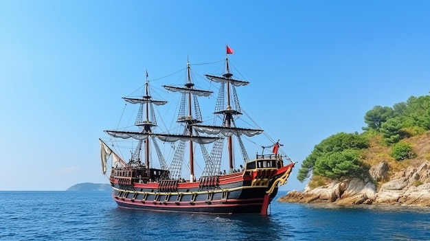 Statek piratów z opuszczonymi żaglami dryfuje na błękitnym morzu podczas spokoju przybywając na wzgórziste wybrzeże