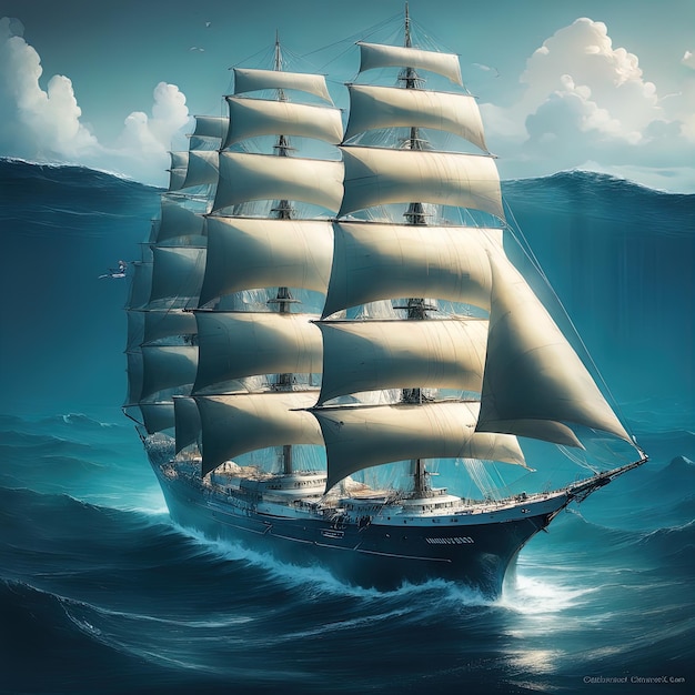 statek płynie po morzu z pięknym niebem3 d ilustracja pięknego statku na morzu