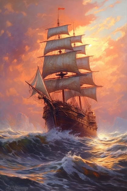 Statek płynie pod wiatr słońce obraz olejny