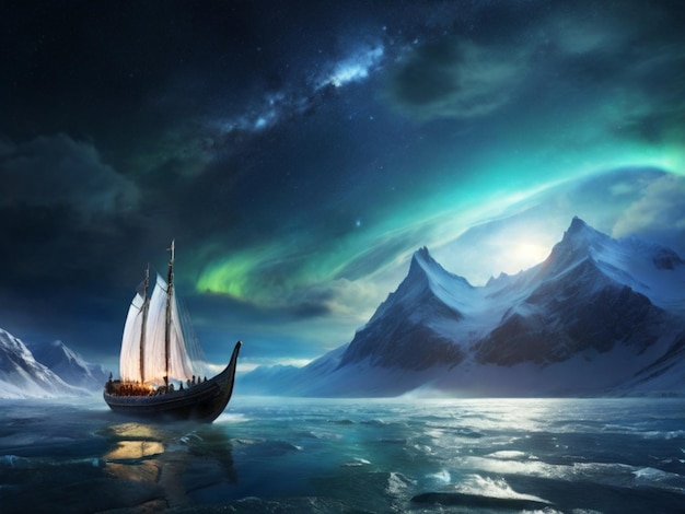 statek pływa w oceanie z aurorą borealną nad nim