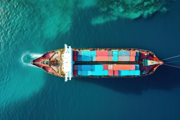 Statek towarowy kontenerowy z lotu ptaka porusza się po morzu, w międzynarodowym imporcie, eksporcie, handlu, logistyce handlu