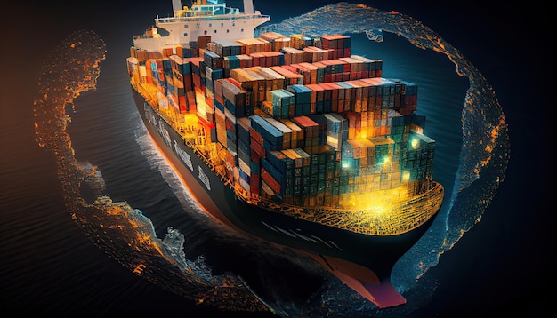 statek towarowy przewożący kontenery na eksport i import jest pokazany w globalnej światowej usłudze frachtu