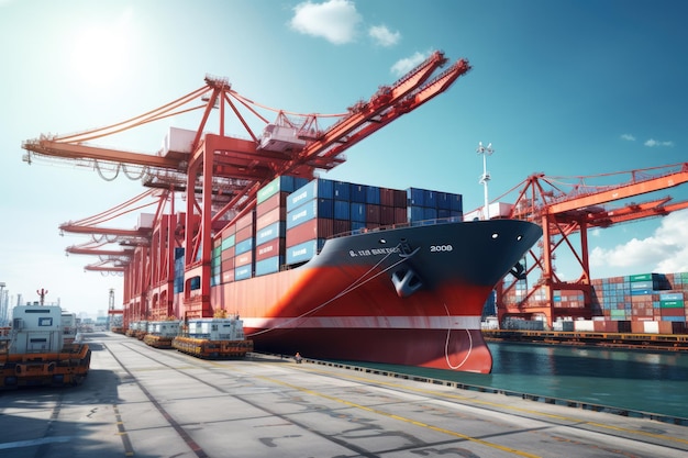 Statek towarowy z kontenerami z funkcjonalnym mostkiem dźwigowym w stoczni dla logistyki Importowy tło eksportowe Statek towarów kontenerowych z funkcjonalnym mostu dźwigowym tworzy import AI Generowany