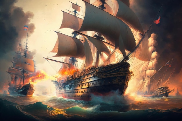 Statek w oceanie z płomieniami i dymem